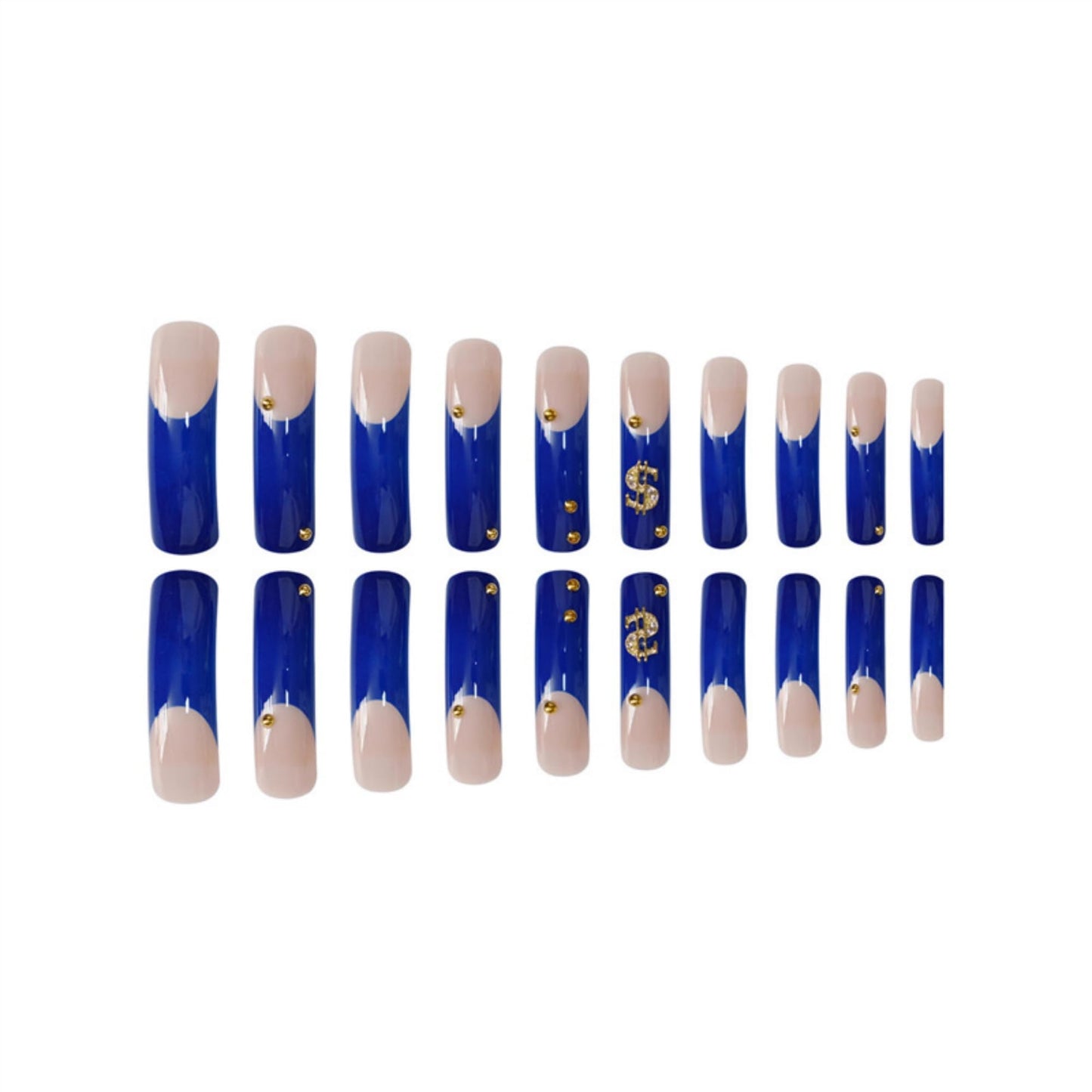 SEENEEY Curved Press on Nails Long Fake Nails Blue Artificial Nail Gold Charm Stick on Nail for Women 20pcs