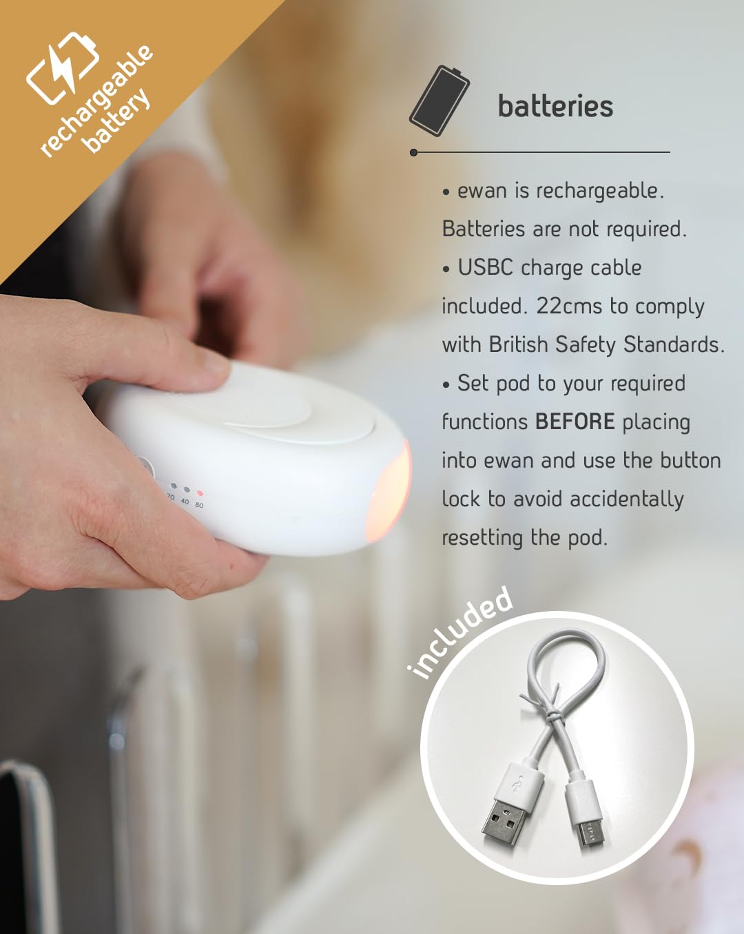 Sweet Dreamers, Rechargeable Ewan Deluxe, Gray | Baby & Toddler White Noise Sound Machine | Cry Sensor & Nightlight | 10 Soothing Sounds | Continuous or Timer Playback | Machine Washable