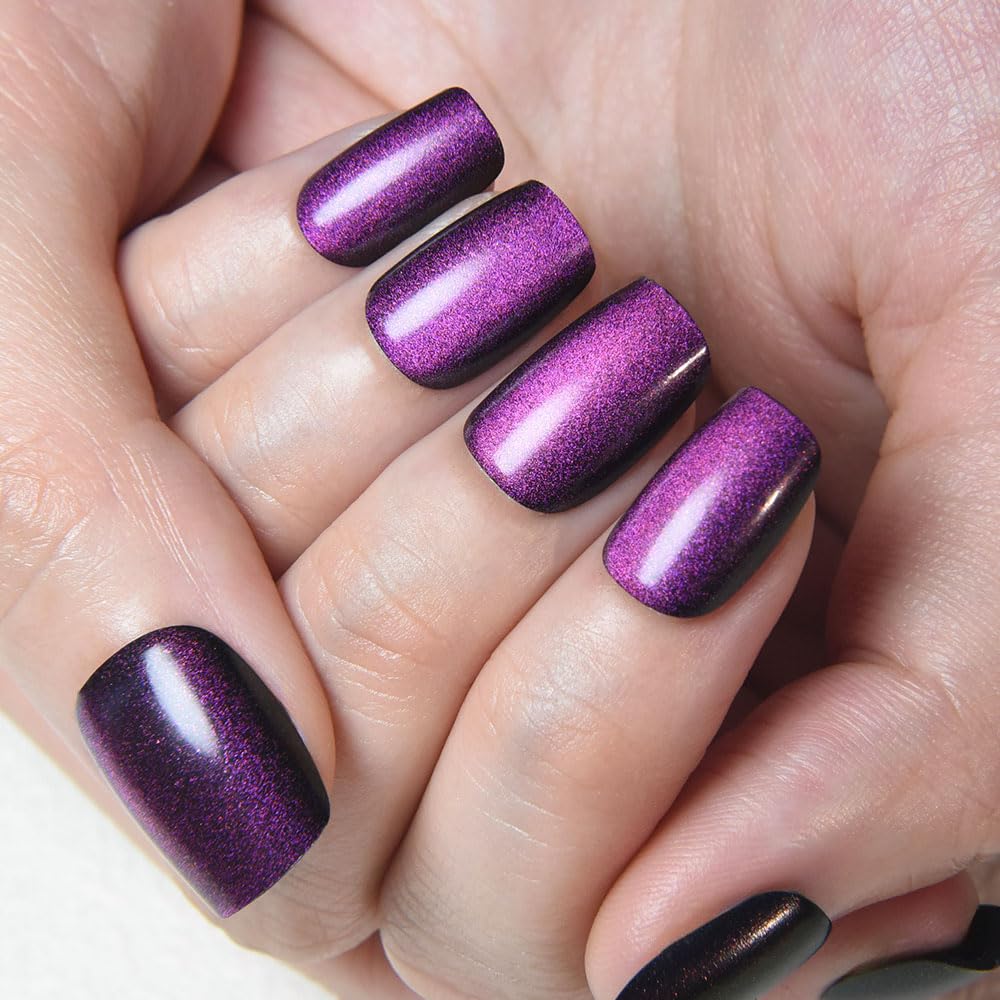 evpct Purple Cat Eye Press on Nails Short Square, Short Square Stick on Fake Nails for Women Gift, Dark Purple Metallic Glitter Glossy Reusable Soft Gel Stick Press on Acrylic False Nail with Designs