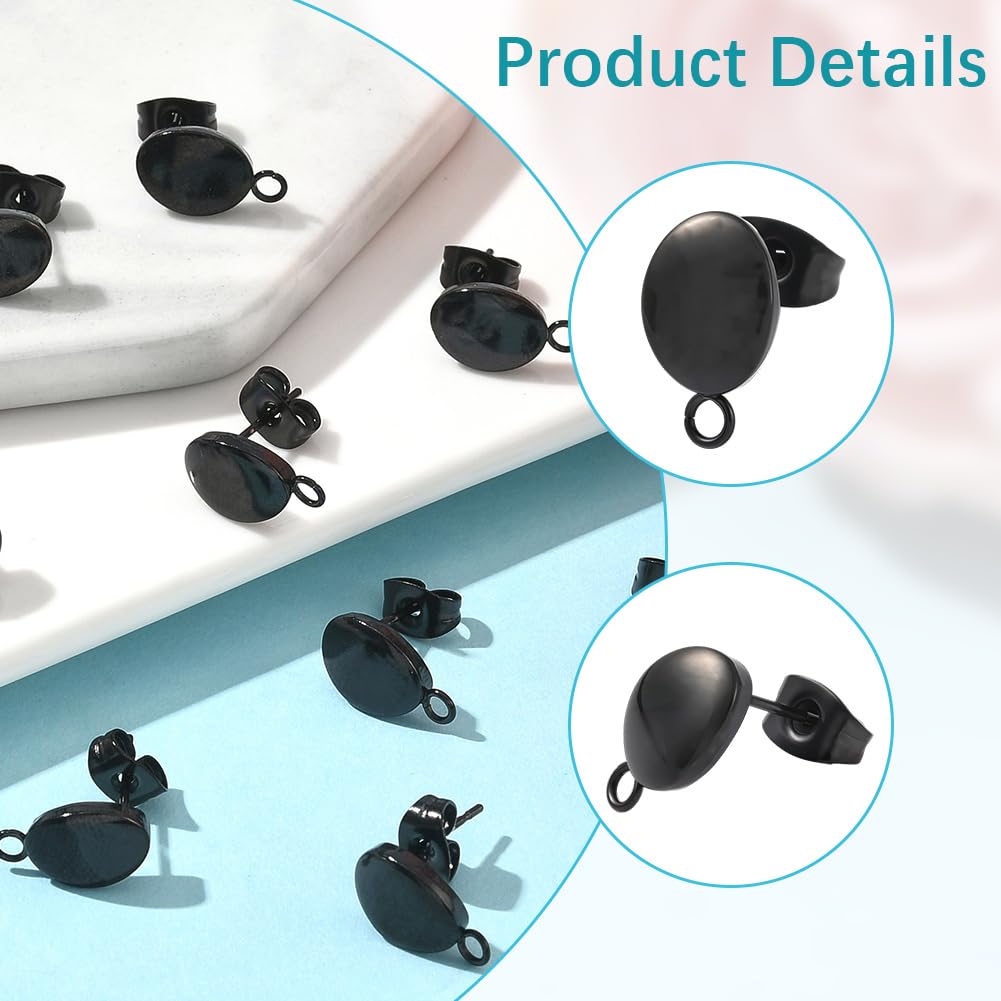 Beebeecraft 1 Box 50Pcs Flat Round Ear Studs 304 Stainless Steel Black Stud Earring Findings for Women Earring Making Supplies