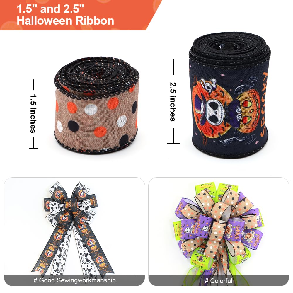6 Rolls Nightmare Before Christmas Wired Ribbon 1.5" & 2.5" - Halloween Jack Skellington Sally Ribbon with Pumpkin/Spider/Bat/Patterns for Fall Halloween Christmas Decor, Wreath Bows, Gift Wrapping