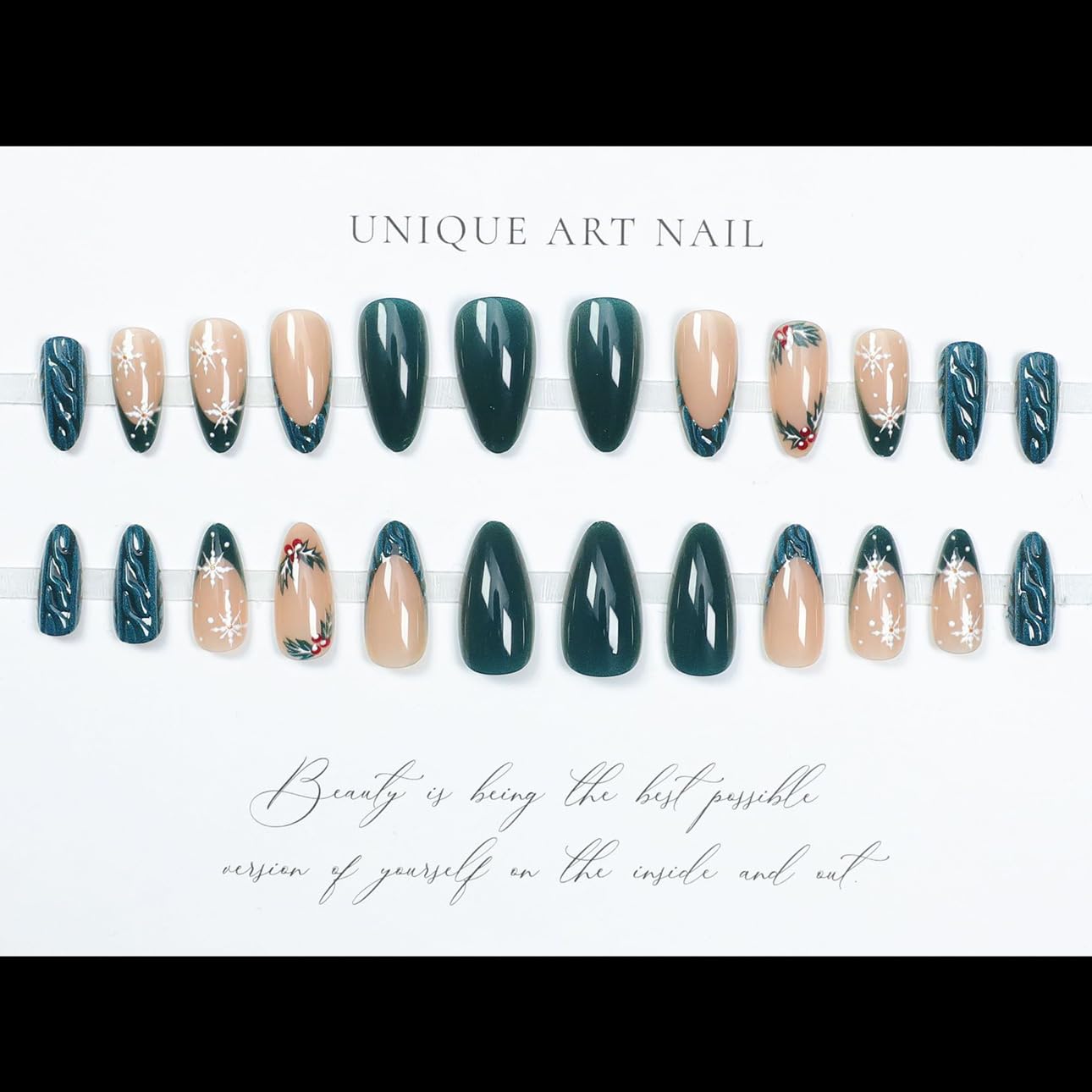 LPOODDNU Christmas Press on Nails Almond - Green French Tip Medium Fake Nails with Snowflake Designs, Glossy Finished Reusable False Nails with Adhesive Glue Tabs - 24Pcs Nail Kit for Women Manicure