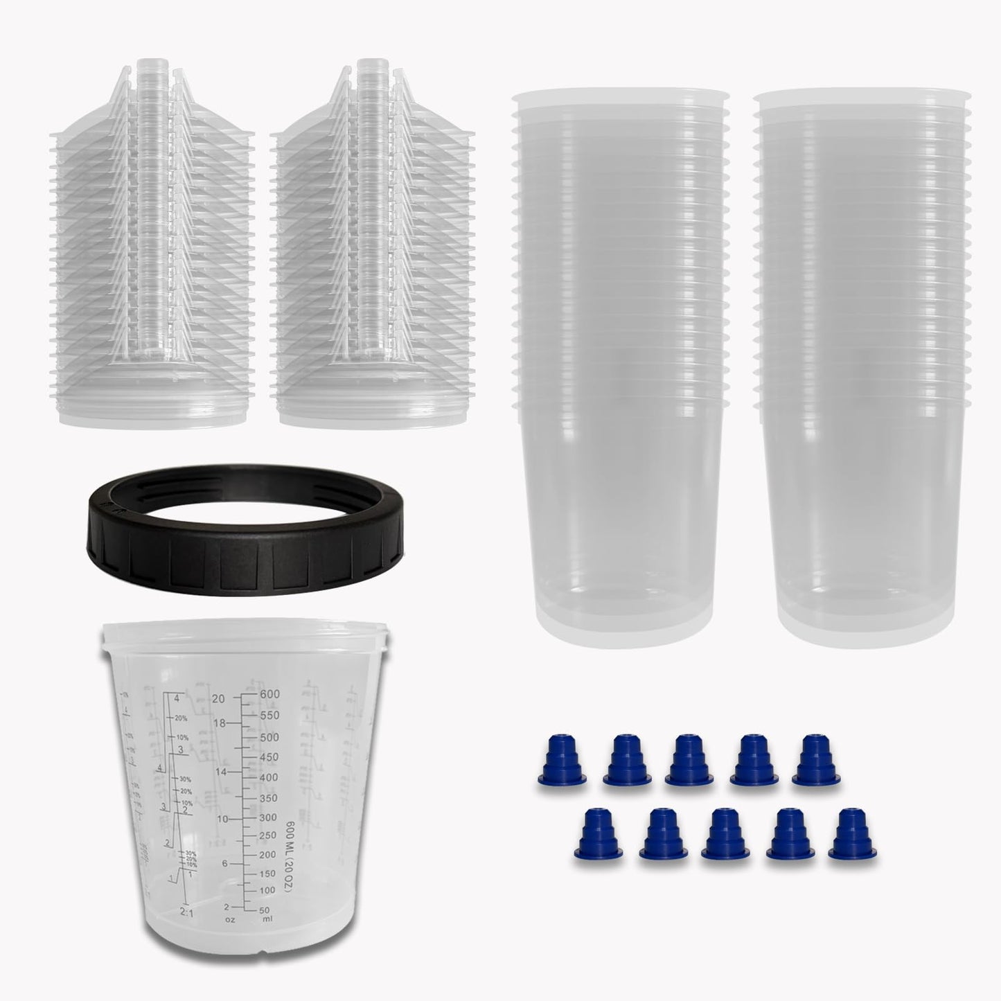 Disposable Paint Spray Gun Liners and Lid System for Automotive refinishing Spray Painting,Paint Spray Paint Gun 20 Ounce Kit with 40 Cups and Lids System, 1 Hard Cup with Retainer Ring and 10 Plugs
