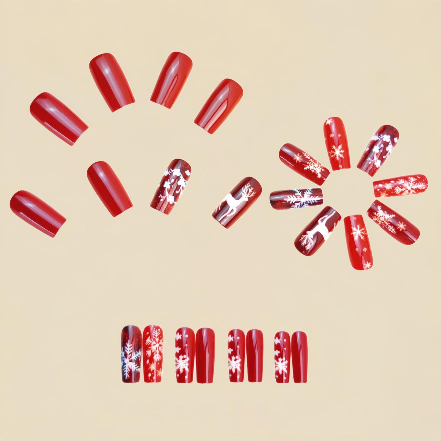 Christmas Deer Red Press on Nails Medium Square Fake Nails with Snowflake Designs Full Cover Winter Nails Press ons Xmas Reusable Acrylic False Nails for Women 24Pcs