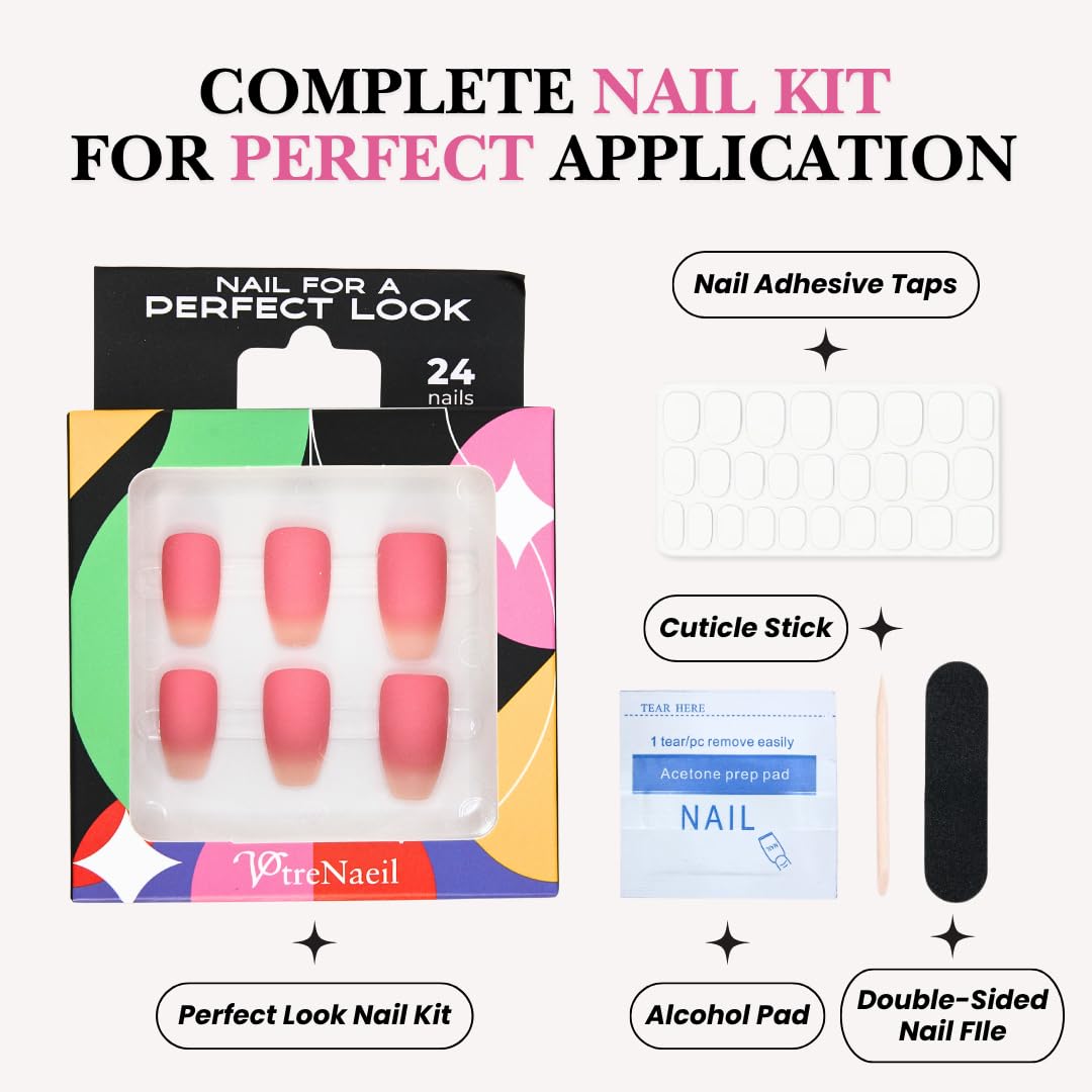 Votrenaeil Press On Nails - Blush Bloom | No Glue Almond Pink Matte Fake Nails for Wedding, Party, Everyday Wear - 24 Pcs Nail Kit with Adhesive Tabs
