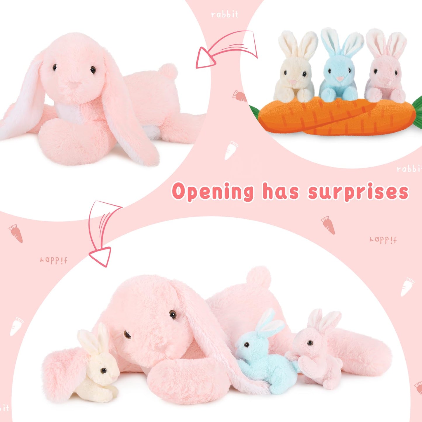 BENINY Big Pink Bunny Stuffed Animal 24" - Large Easter Stuffed Bunny Rabbit Plush Toy Gifts for Girls Baby - Plushy Mommy Bunny Surprise with 3 Babies Inside