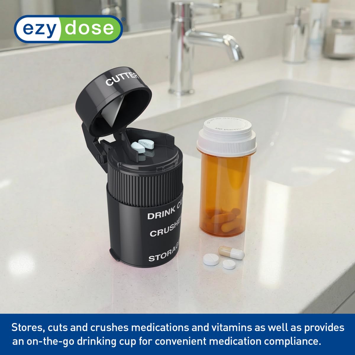 EZY DOSE 3 Compartment Pill Crusher, Cutter and Grinder, Daily Usage, Safely Cut Pills, Vitamins, Tablets, Accurate and Easy Cutting, Stainless Steel Blade, Removable Drinking Cup, Black, BPA Free
