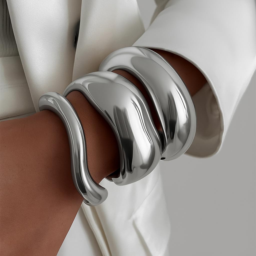 Chunky Silver Bangle Bracelets for Women, 14k Silver Plated Dainty Cuff Stackable Bangles Set, Trendy Bracelet Stack Fashion Jewelry Gifts (05-Silver)