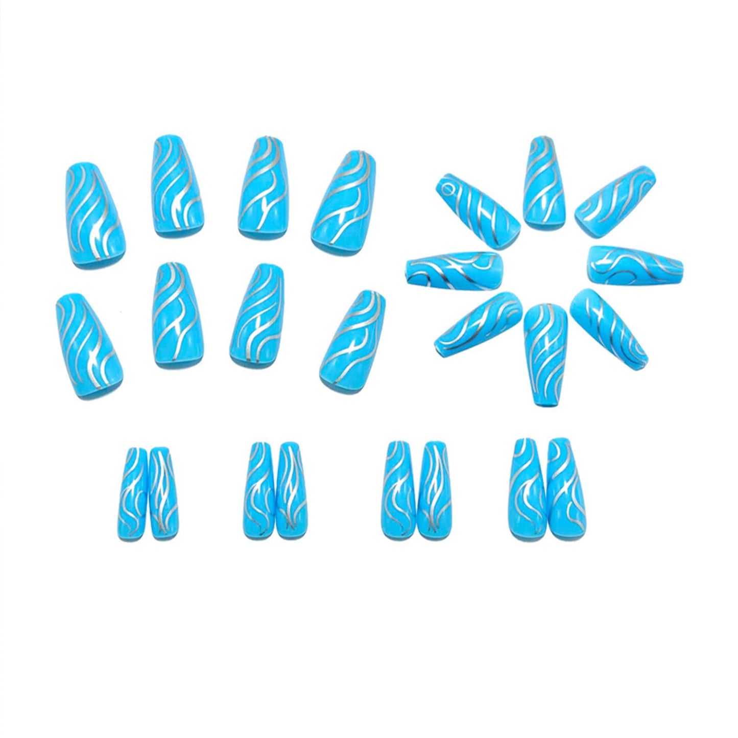 Medium Press on Nails Coffin Fake Nails with Silver Lines Designs Glossy Nails Press ons Blue Full Cover Glue on Nails Acrylic Artificial Stick on Nails for Women 24Pcs