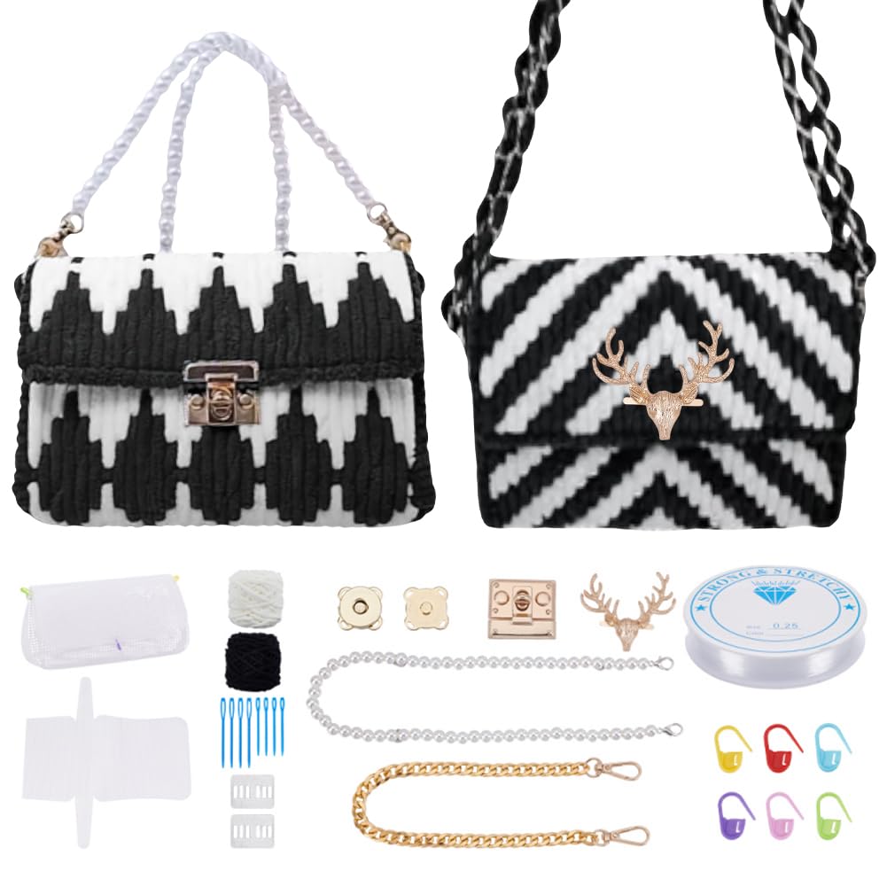 FREEBLOSS 2 Set DIY Plastic Canvas Mesh Bag Kit Blank Mesh Canvas Sheets for Embroidery Needlepoint Craft Kit Knit and Crochet Projects Handbag Making Accessories, Black and White