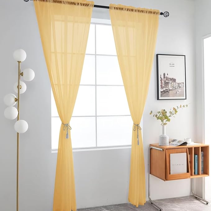 SpaceDresser Basic Rod Pocket Sheer Voile Window Curtain Panels Gold 1 Pair 2 Panels 52 Width 45 Inch Long for Kitchen Bedroom Children Living Room Yard（Gold, 52W x 45L）