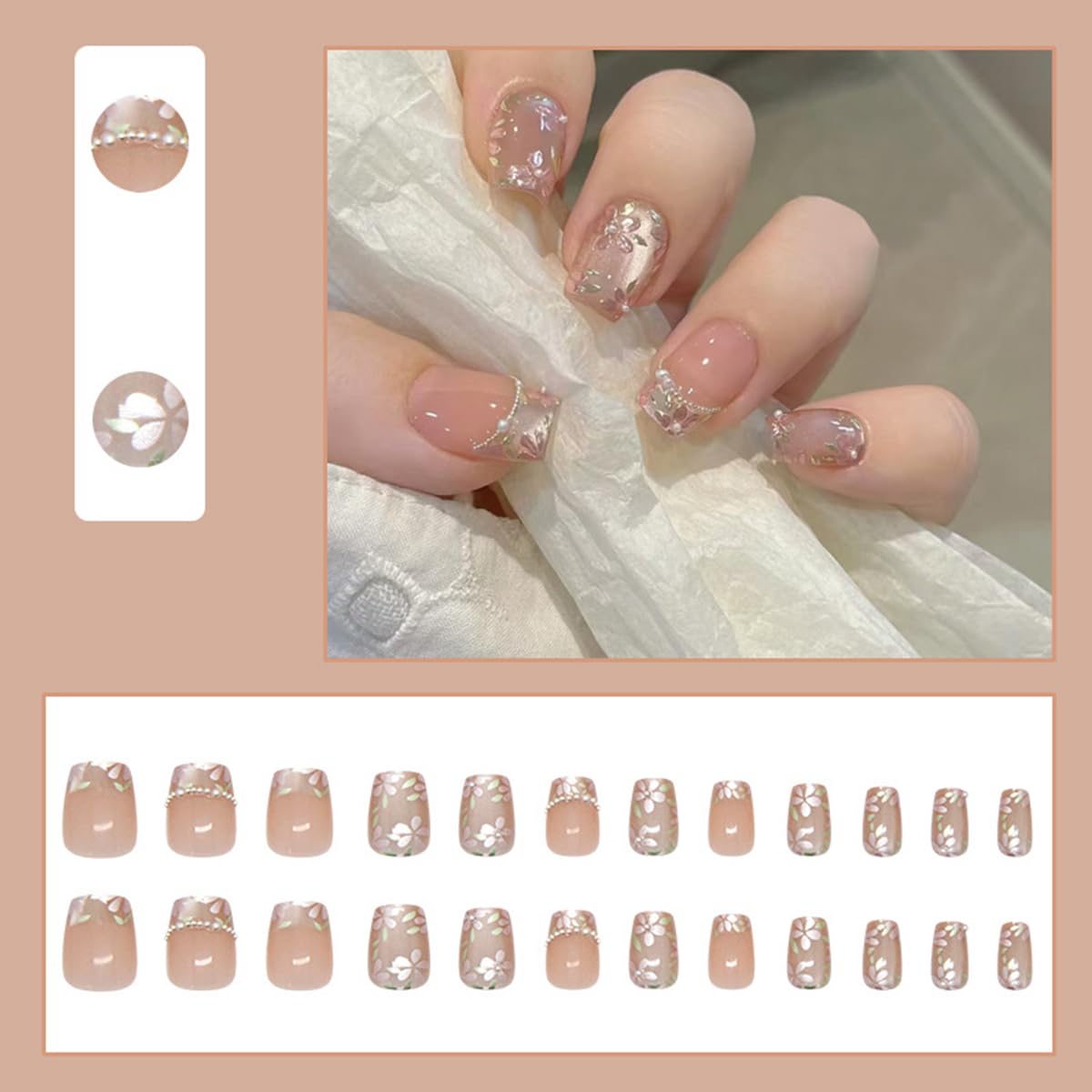 Medium Square Press On Nails - Nude Pearl Flower Design Fake Nails Glossy Finished Reusable False Nails with Glue Tabs - 24Pcs Nail Kit for Women Manicure