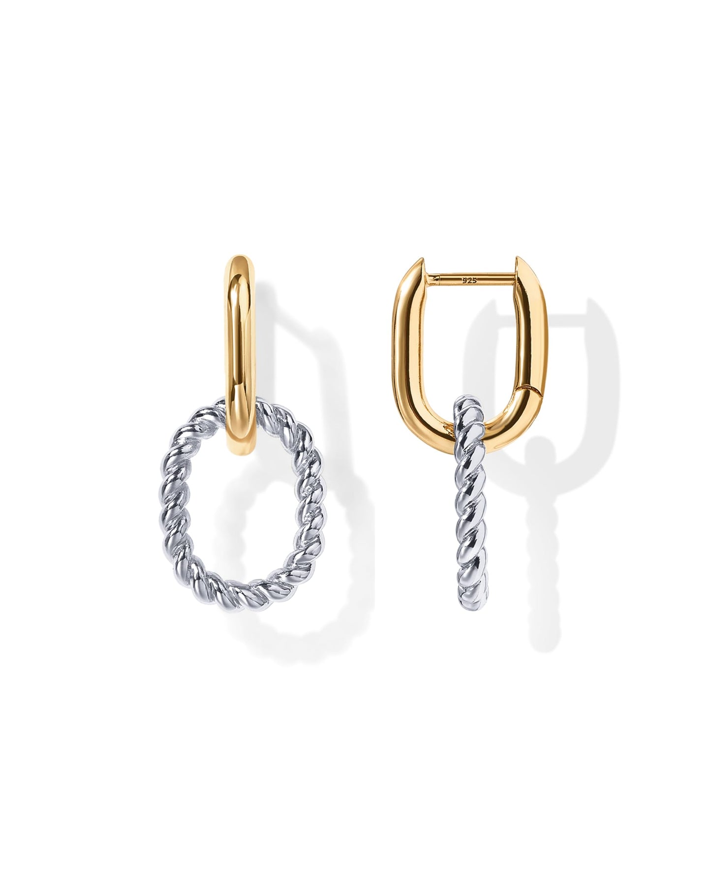 PAVOI 14K Gold Plated Two-Tone Convertible Twisted Rope and Plain Paperclip Link Earrings for Women - Mixed Metals Gold Braided Drop Dangle Huggie Hoop Earrings