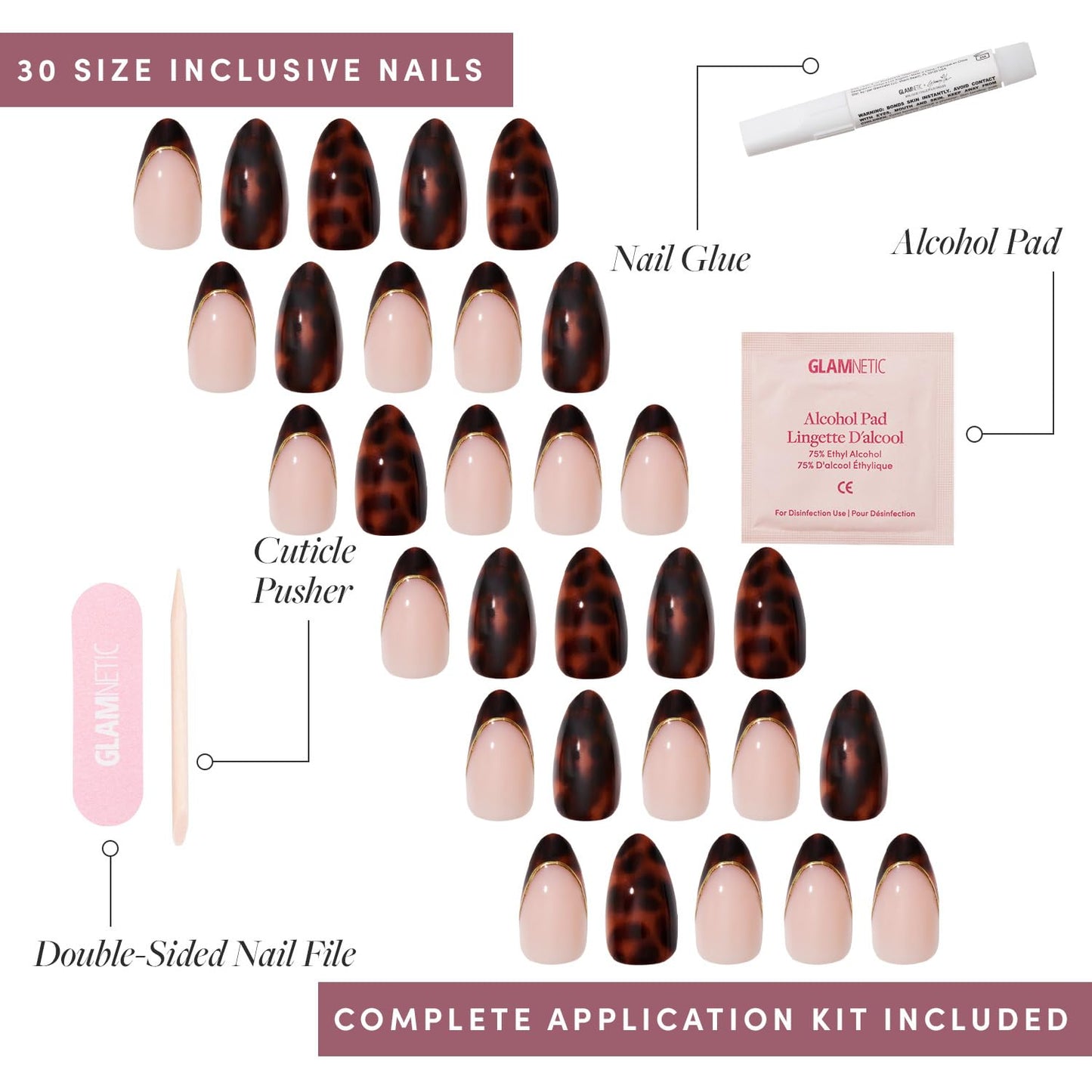 Glamnetic x GLAMZILLA Press-On Nails Bundle - KILLAZILLA, Angel & Berry Fizz | Almond French Tip Fake Nails with Tortoiseshell Print | Opaque White Almond Nails | Short Oval Magenta Nails