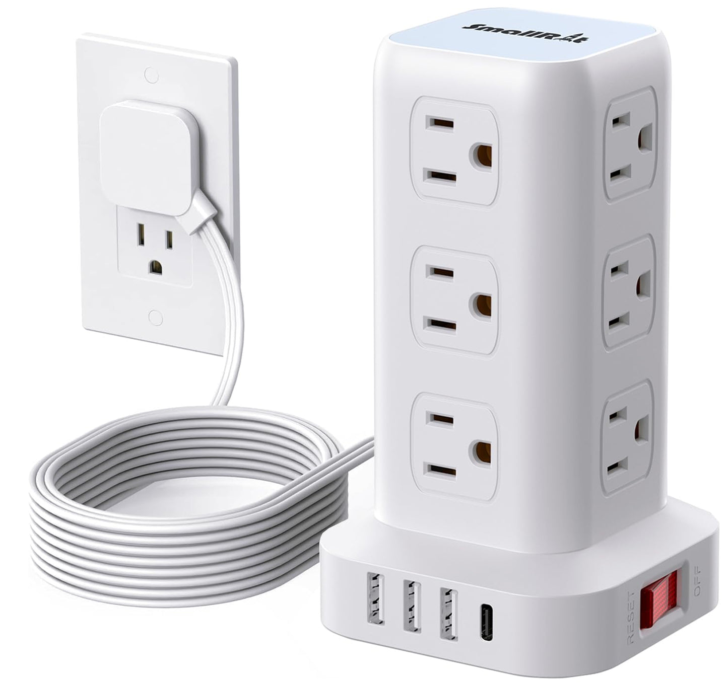 Extension Cord with Multiple Outlets, SMALLRT Flat Plug Surge Protector Power Strip Tower with USB 12 AC Outlets, 6.5FT Ultra Thin Extension Cord Outlet Extender for Home Office, Overload Protection