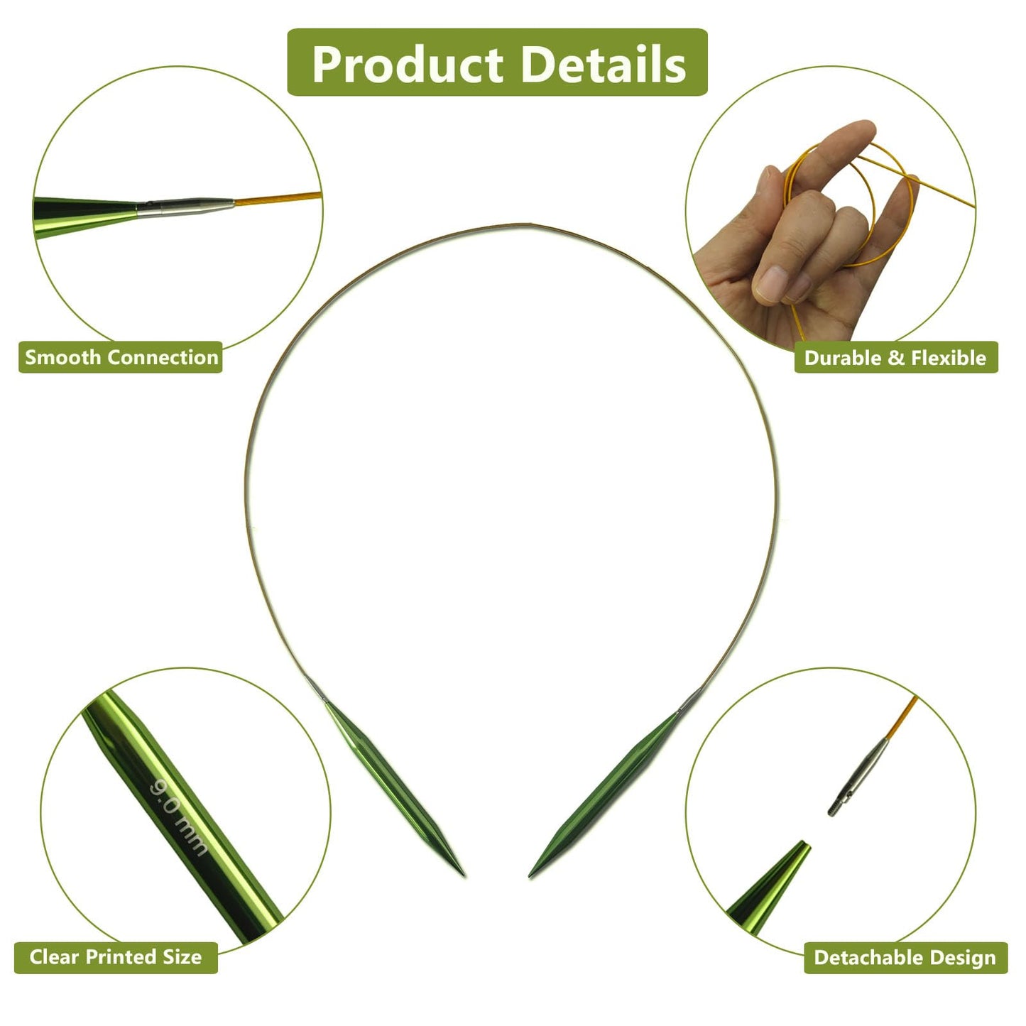 4-inch Knitting Needles Set, 13 Pairs Interchangeable Circular Knitting Needles Set Aluminum 3-10mm with 5 Cables, Knitting Accessories and Case, Green