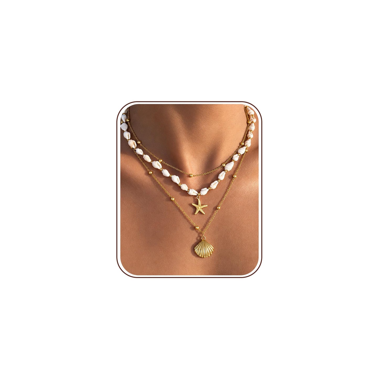 Starfish Seashell Necklace Conch Summer Beach Layered Necklaces for Women Non Tarnish Waterproof 14K Gold Chunky Necklace Stack Dainty Choker Chain Ocean Shell Pendant Charm Trendy Vacation Jewelry Gift (3pcs Starfish&Shell&Conch)