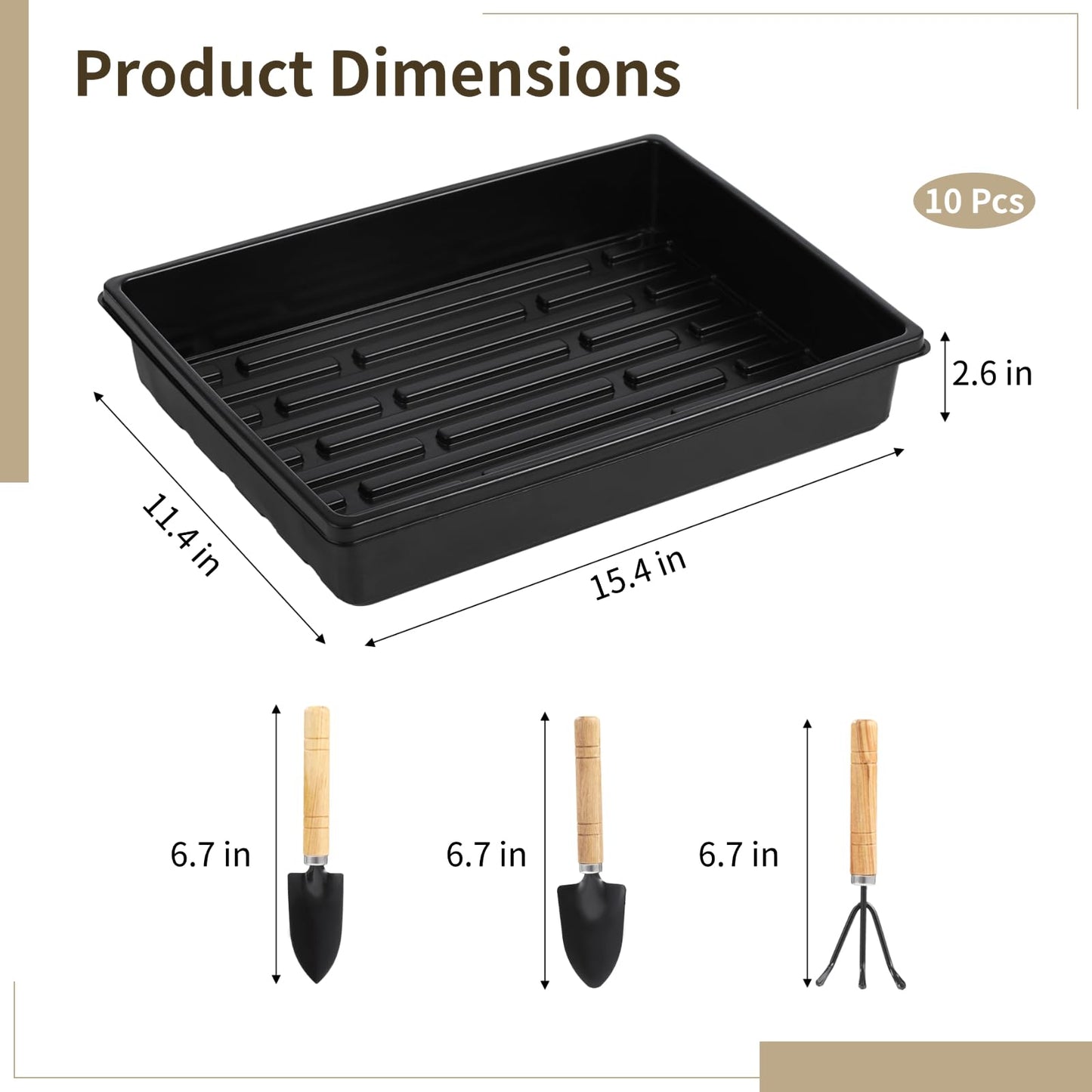DORMIYA 10 PCS Plant Starting Trays with 3 Small Garden Tools, Thick Heavy Duty Plastic No-Hole Plant Germination Trays with Raised Drainage Ridges, Reusable Growing Trays for Peat Pot Microgreens