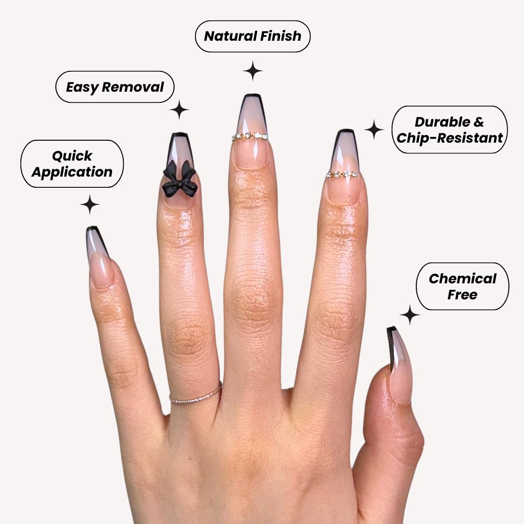 PerfectLook Press On Nails - Bow French | No Glue One-Day Long Coffin Nails, Black French Nude Nails with 3D Bow - 24 Pcs Nail Kit with Adhesive Tabs