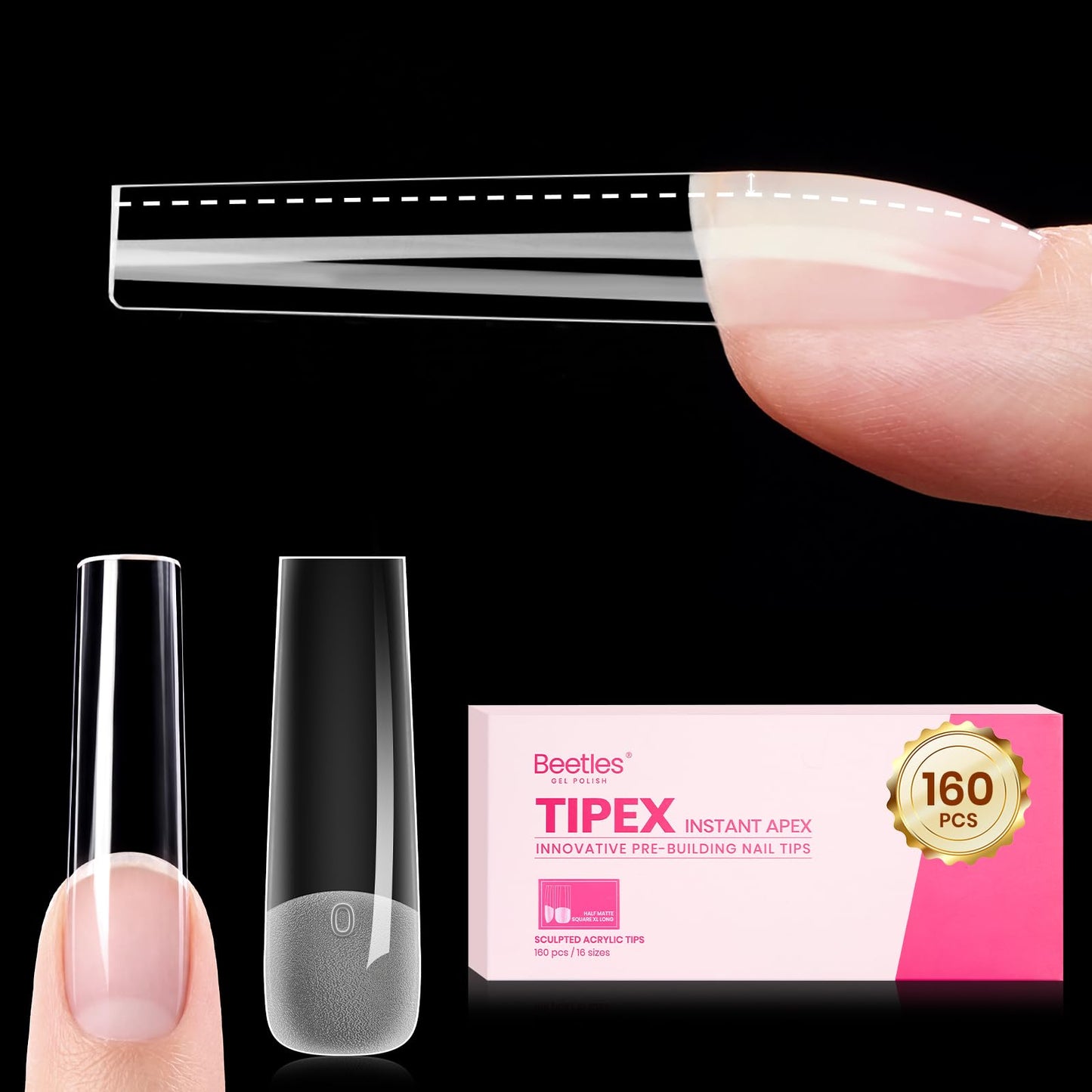 Beetles Tipex Instant Apex Nail Tips, XL Long Square, 16 Sizes | 00–14, 160PCS, Built-in Apex Acrylic Tips for Flat & Natural Nail Beds, Beginner-Friendly Easy DIY Nail Extensions