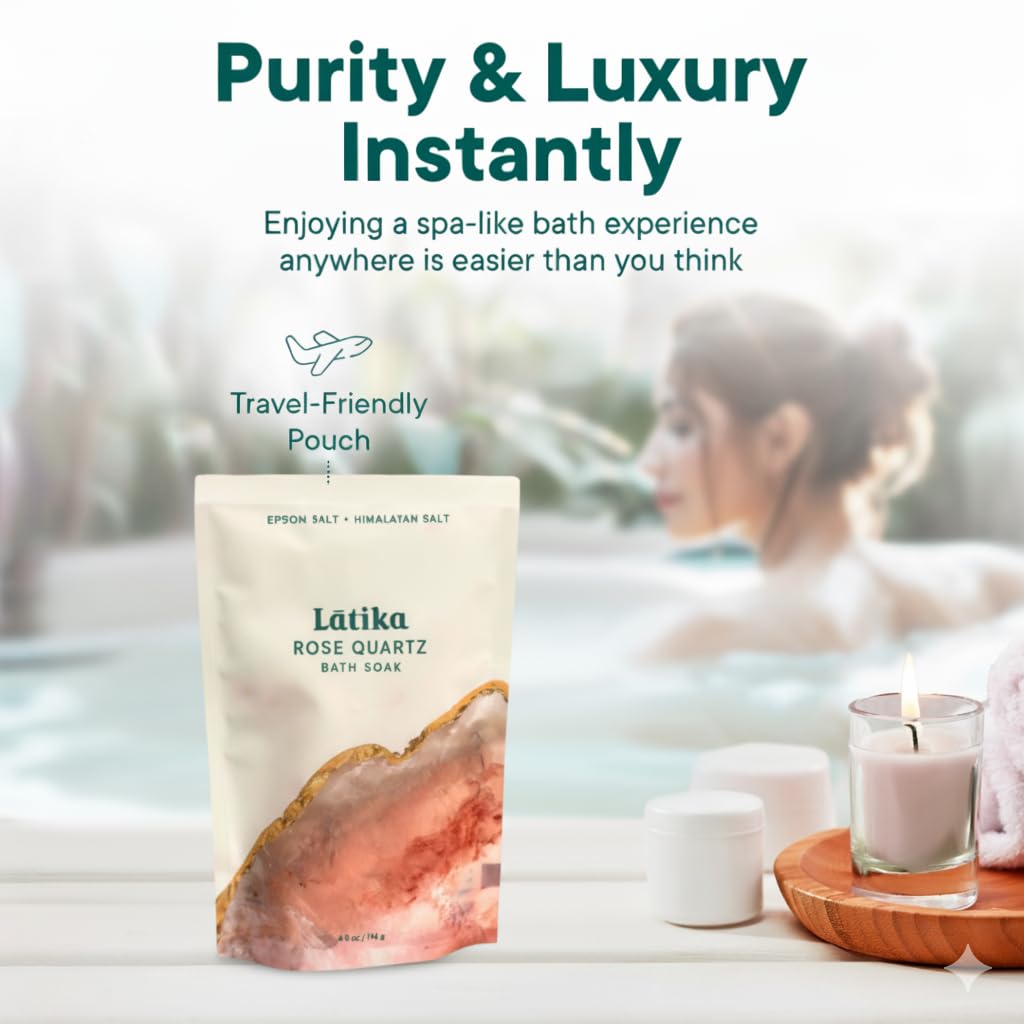 Latika Geode-Inspired Bath Soak Single Pack- Rose Quartz with Essential Oils & Epsom Salt for Stress Relief, Muscle Recovery & Skin Care [1 Pack]