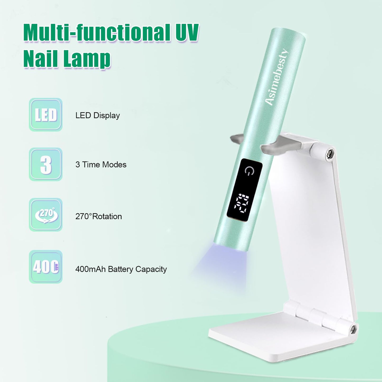 Asimebesty UV Light for Gel Nails, Mini UV Nail Lamp Hand held with Stand, Portable Small Nail Dryer Light for Gel Polish with 3 Timers, Rechargeable Cordless UV Light Nail for Fast Curing, Green