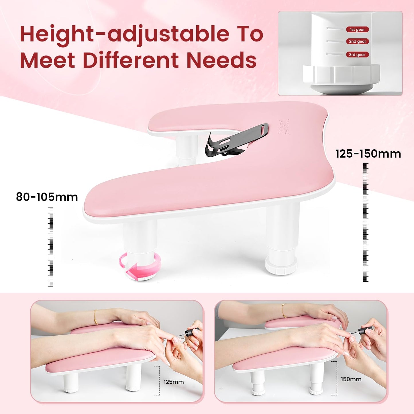 JODSONE Pink U-Shaped Manicure Arm Rest for Nails Tech with Rotating 360°Built-In Phone Holder and Adjustable Nail Arm Rest Detachable Manicure Hand Rest for Salon Design