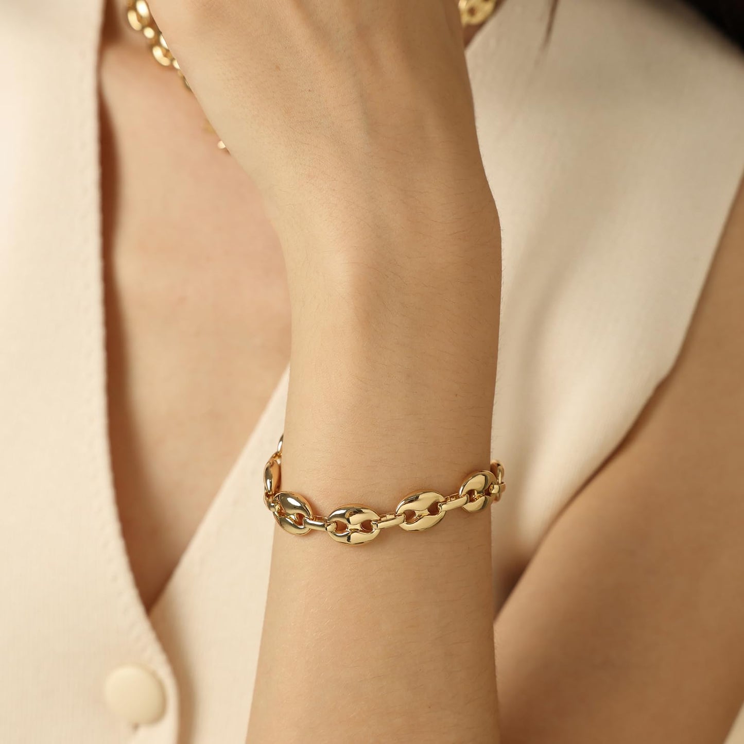 COBI Chunky Bracelets for Women, Paperclip Bracelets, Coffee Bean Chunky Link Bracelet, 18K Gold & Sterling Silver Plated, Stackable Thick Large Punk Jewelry-Coffee Bean Gold