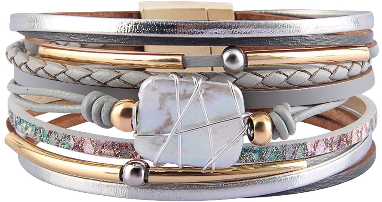 Fesciory Leopard Bracelet for Women, Boho Leather Wrap Multi-Layer Pearl Crystal Bracelet Bangle Jewelry(Gray Leather(Pearl))