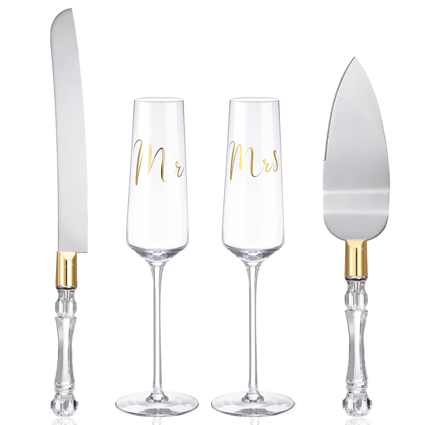 Boao 4 Pieces Wedding Toasting Flutes and Cake Server Set Wedding Reception Supplies Champagne Glasses Cake Knife Pie Server (Gold,Classic)