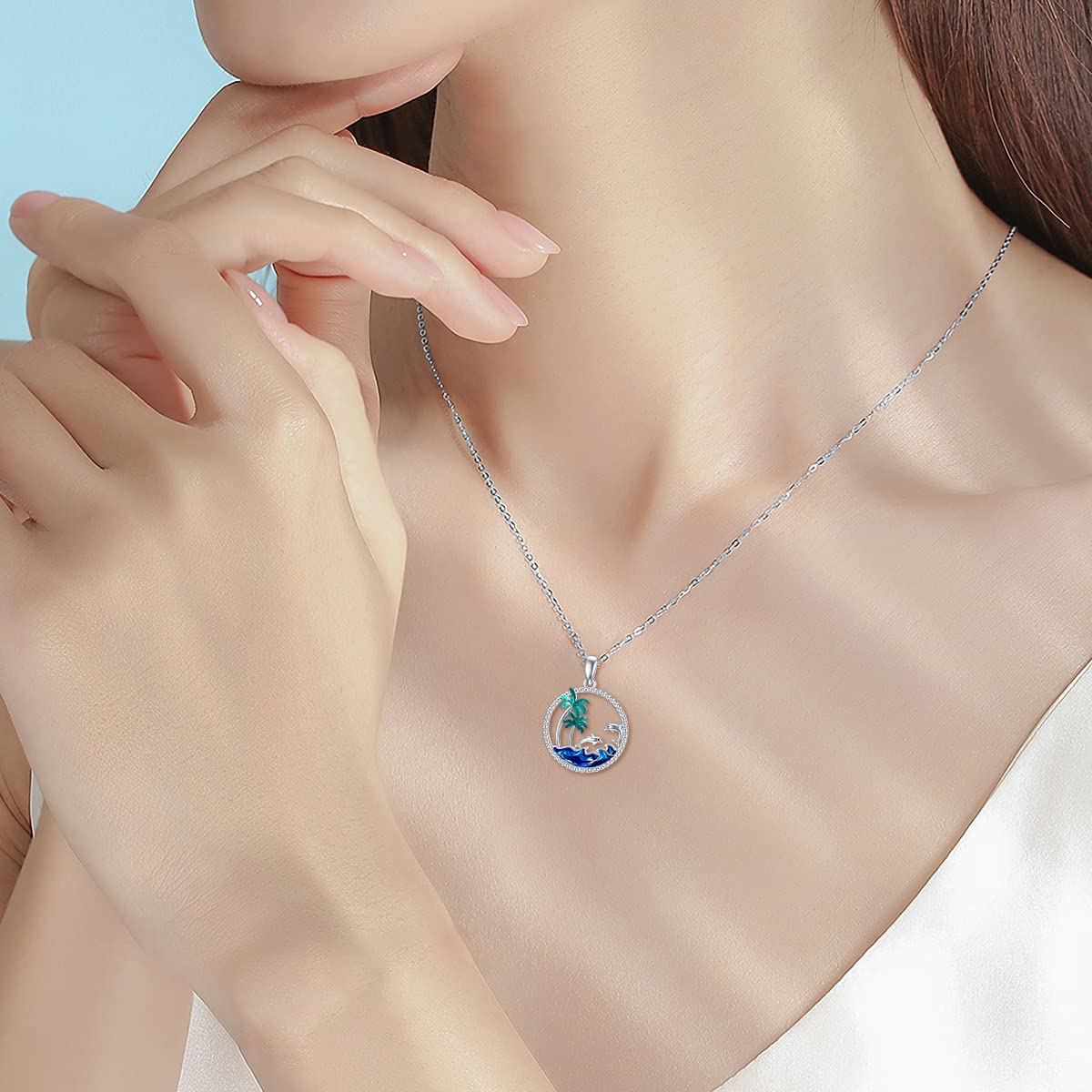 PROESS Dolphin Necklace Sterling Silver Palm Tree Pendant Necklace Ocean Wave Jewelry Gift For Women