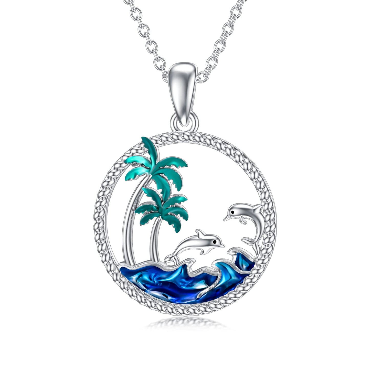 PROESS Dolphin Necklace Sterling Silver Palm Tree Pendant Necklace Ocean Wave Jewelry Gift For Women