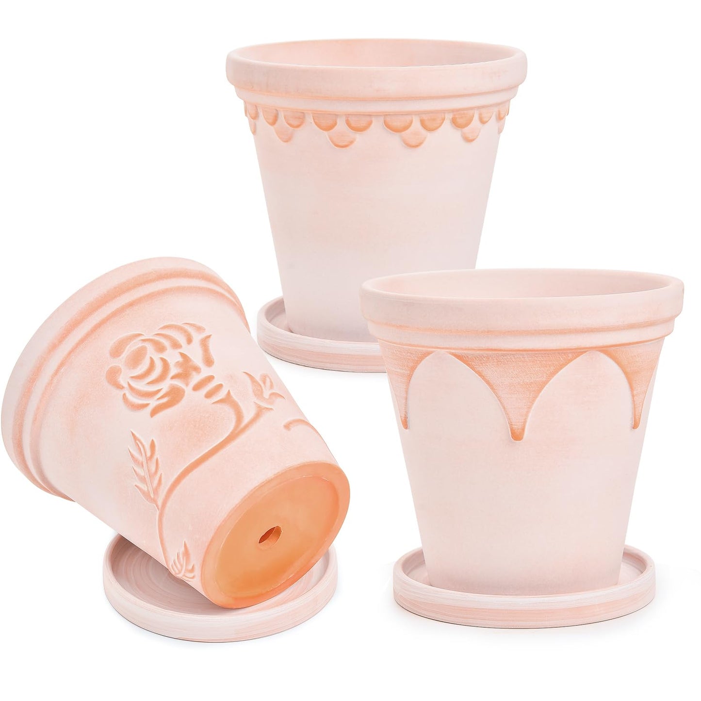 Sungmor Terra Cotta Pot Set - 3 Unique Embossed Clay Planters with Saucer & Drainage, 8 Inch Large & Deep, Pretty Color, Ideal for Orchid, Cactus, Succulent