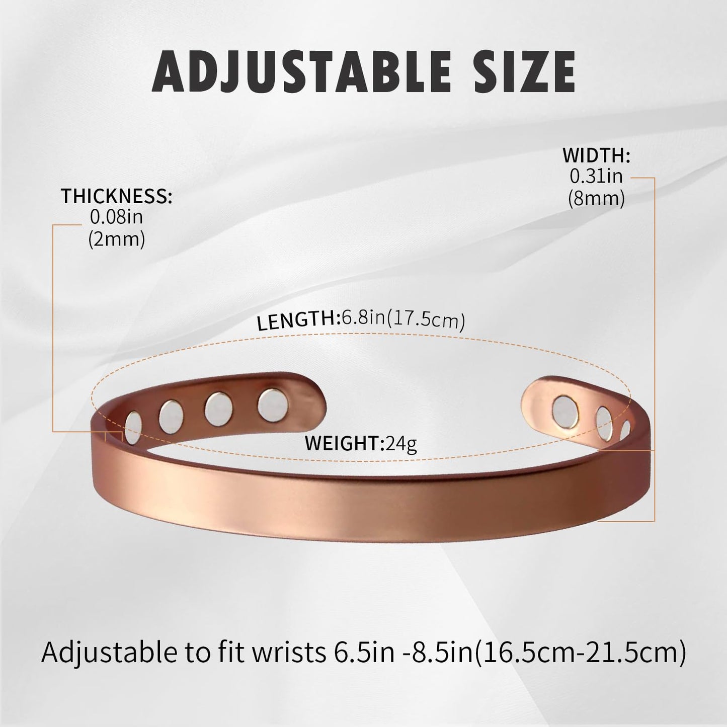 MagEnergy Copper Bracelet for Men and Women, 99.9% Pure Copper Magnetic Bangle with 8pcs 3500 Gauss Magnets,6.8" Adjustable Copper Cuff