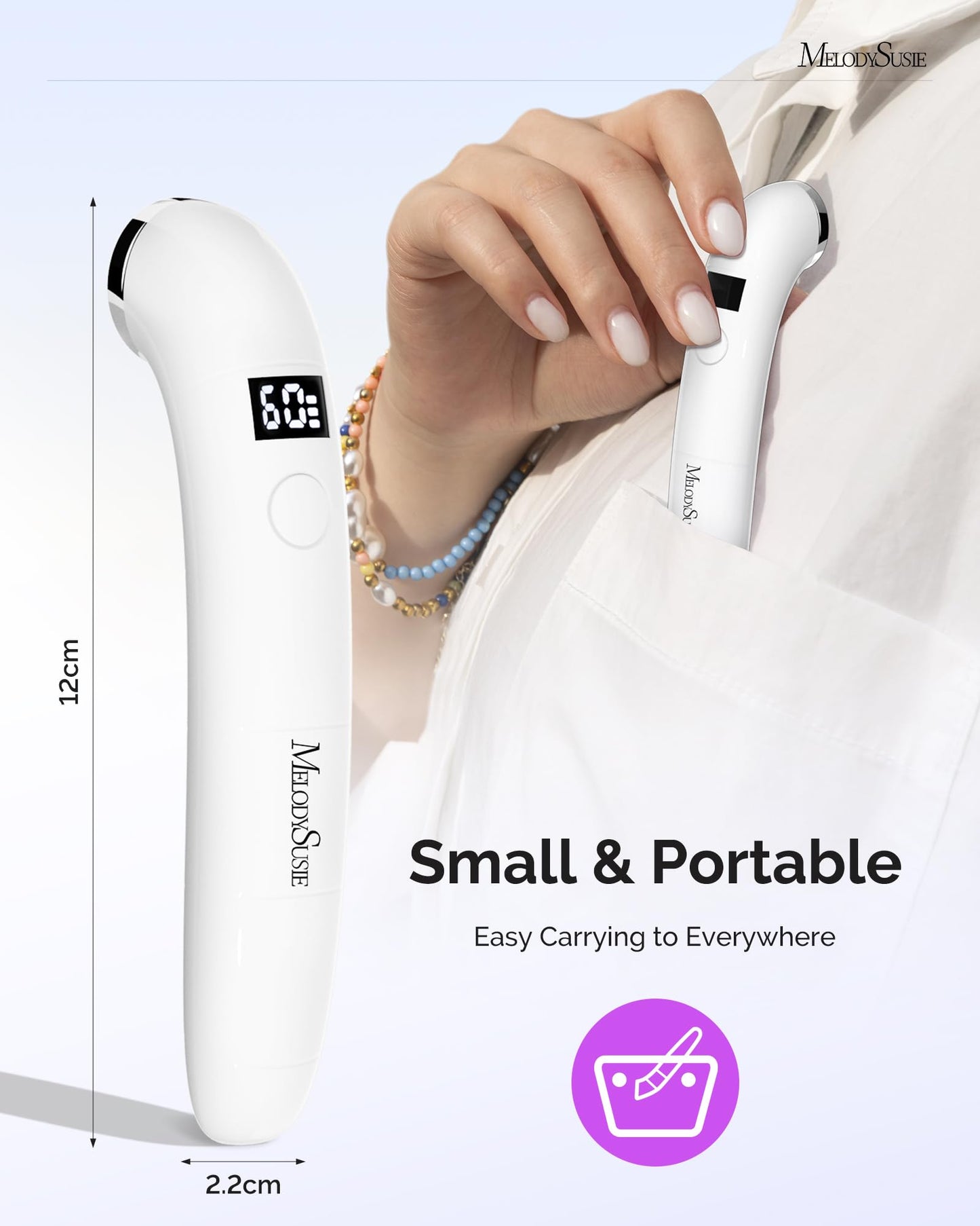 MelodySusie Ergonomic Handheld Cordless UV Nail Lamp with LCD Display & 2 Timers, P-Art01A Rechargeable Mini UV LED Light Flash Cures All Soft Gels, Especially Rhinestone Glue & Liner Gel White