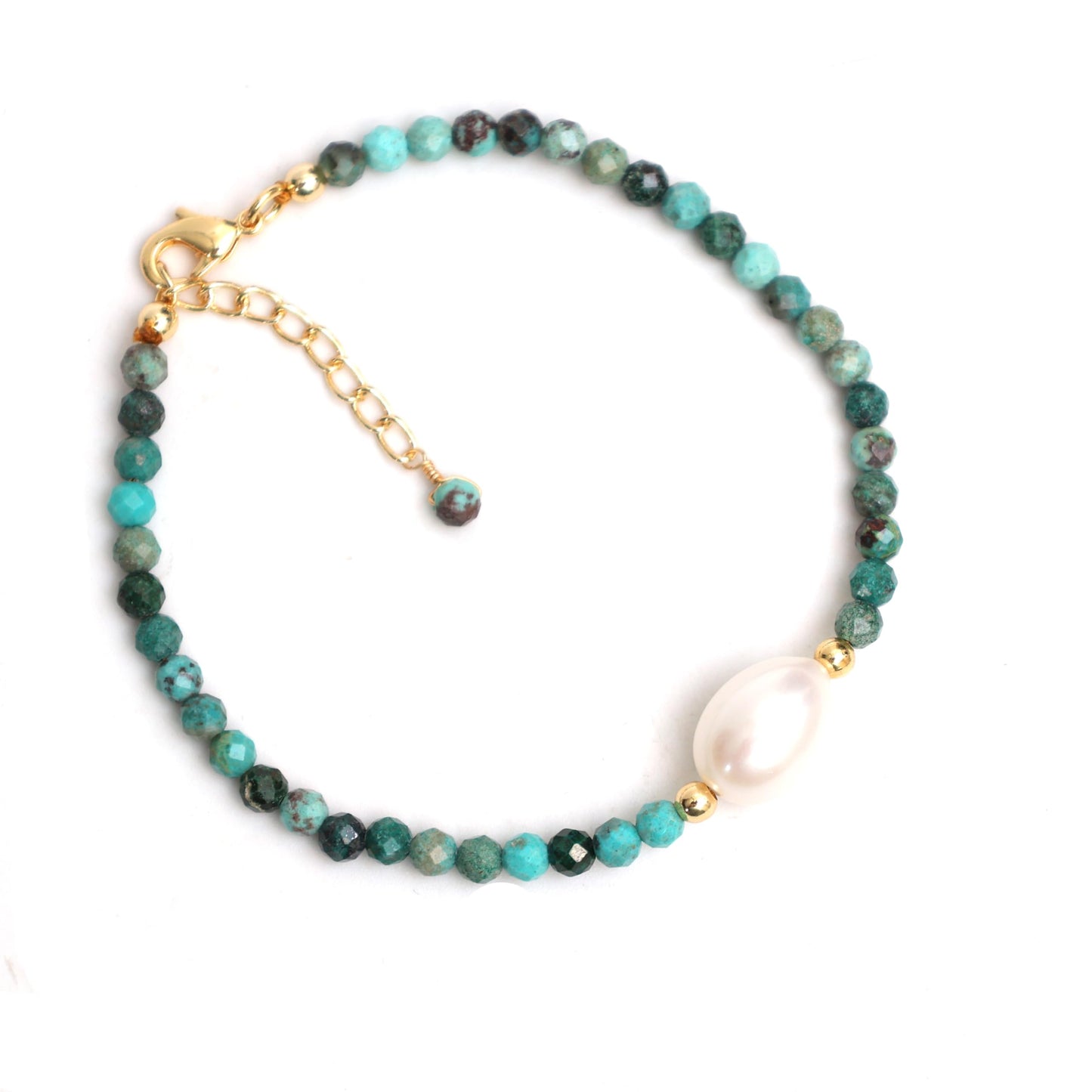Gempires Chrysocolla Beads with Freshwater Pearl Beaded Bracelet Lightweight Handmade Jewelry Hypoallergenic Gold Plated 7.5 Inch Adjustable Chain