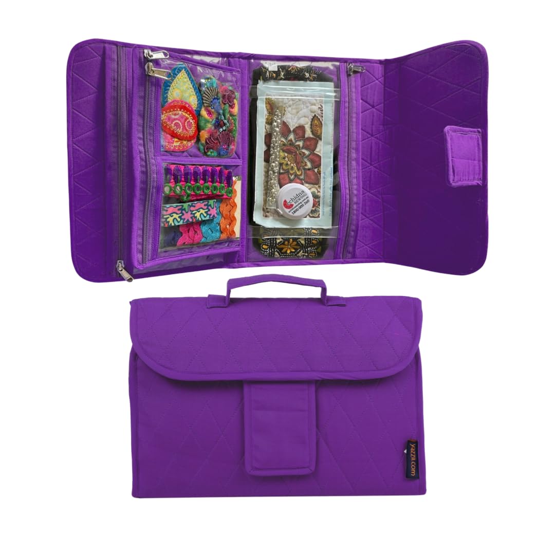 Yazzii Trifold Craft Project Case - Craft Organizer, Travel Tote Bag with Clear Pockets & Handle - Crafts, Crochet, Sewing Accessories - Purple