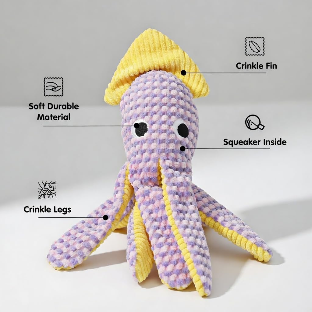 Paw-FECT Piece Soft Plush Squid Dog Toy, with Interactive Squeaker, Crinkle Legs and Fin, Great Companion and Emotional Support Durable Chew Toy, Breeds and Size Dogs