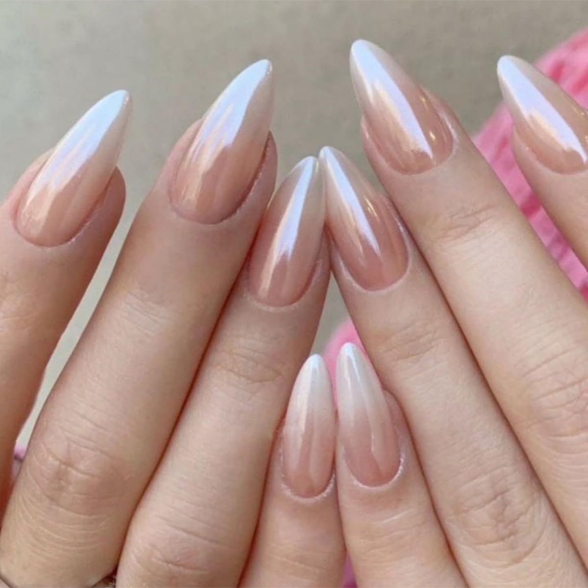 FJSMTOPl Ombre Press on Nails Almond Fake Nails with Design Chrome False Nails Press ons Medium Glossy Full Cover Acrylic Glue on Nails Artificial Stick on Nail for Women Manicure 24Pcs