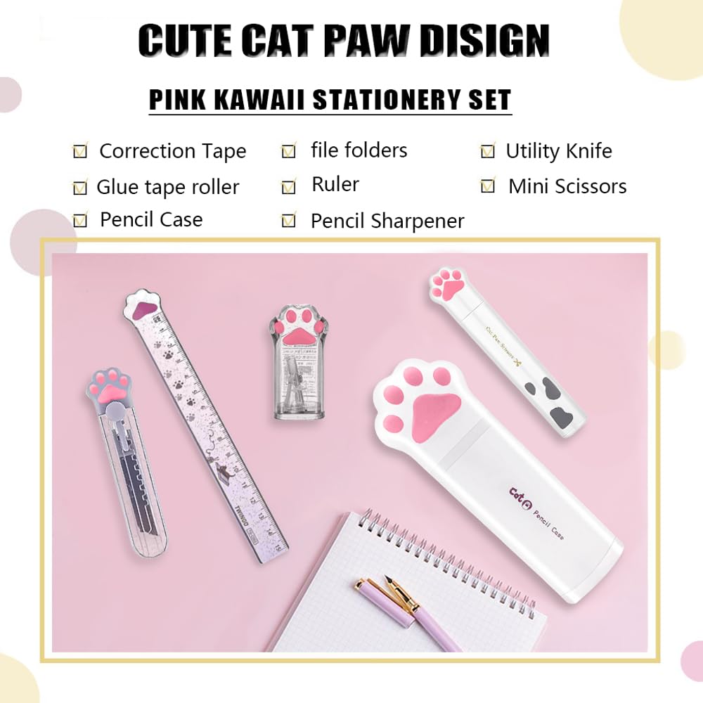 BITOSEE 9Pcs Cute School Supplies, Cute Stationery,Includs Pencil Sharpener,Eraser, Correction Tape,Sticky Notes, Ruler, Scissors,Utility Knife, for Cute Office Supplies