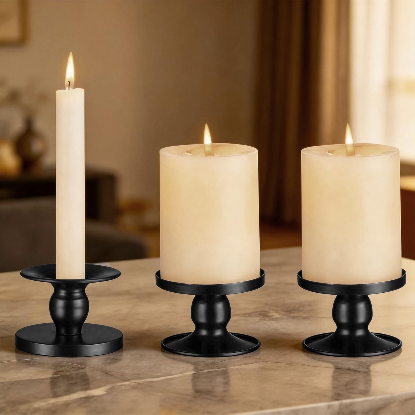 Pillar & Taper Dual Candle Holder: Fit 3" D and 0.87" D Candles - Stable Wide Base & Easy Clean - Smooth Metal Texture Candlestick for Holiday Home Table Centerpiece Decor - Set of 3 Gift (Black)
