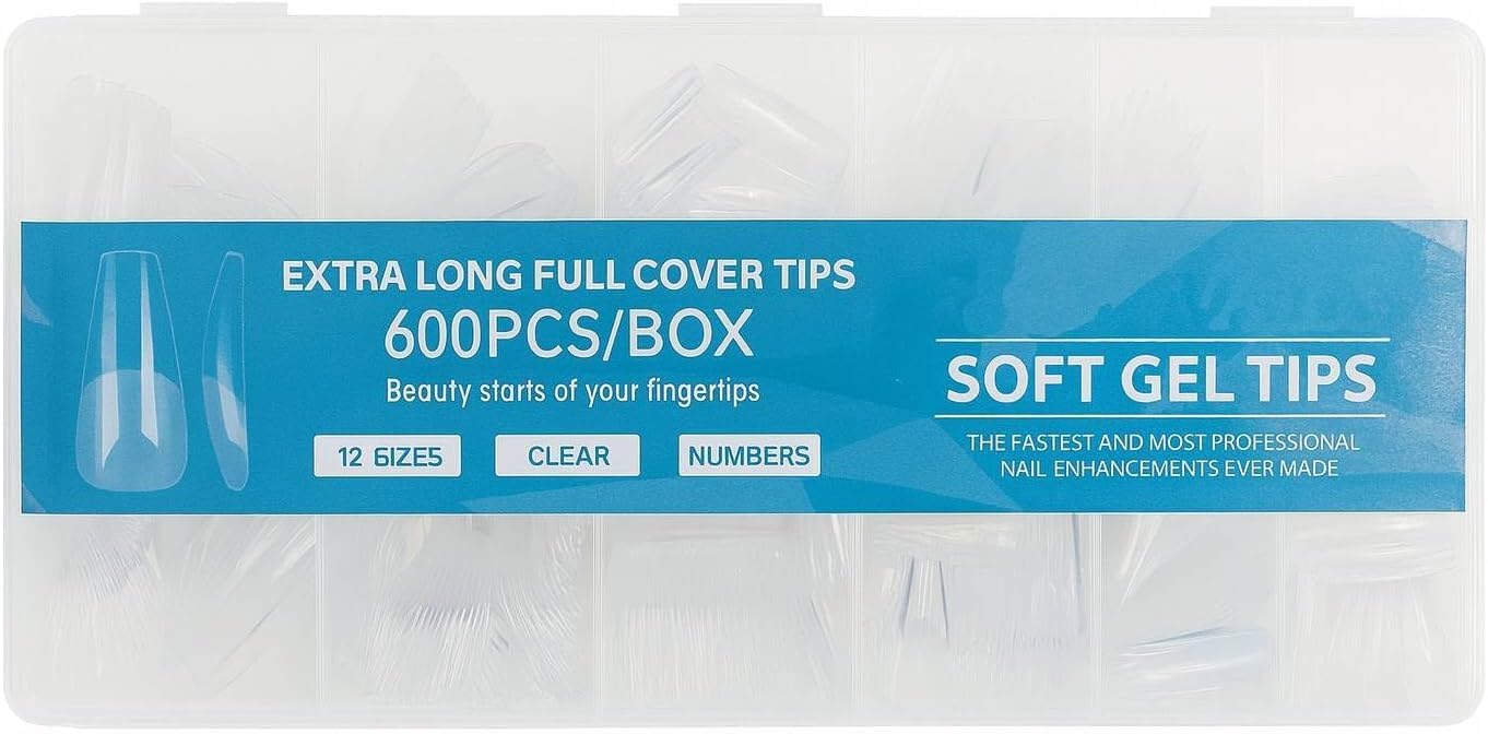 600PCS Extra Long Full Cover Soft Gel Nail Tips – 12 Sizes Clear Fake Nails with Numbers – Professional Refill Box for Nail Extension, DIY Nail Art, Salon and Home Manicure (Tapered Square, Clear)