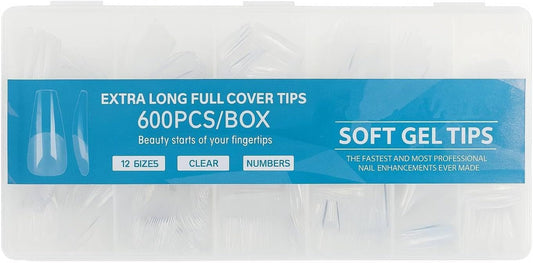 600PCS Extra Long Full Cover Soft Gel Nail Tips – 12 Sizes Clear Fake Nails with Numbers – Professional Refill Box for Nail Extension, DIY Nail Art, Salon and Home Manicure (Tapered Square, Clear)