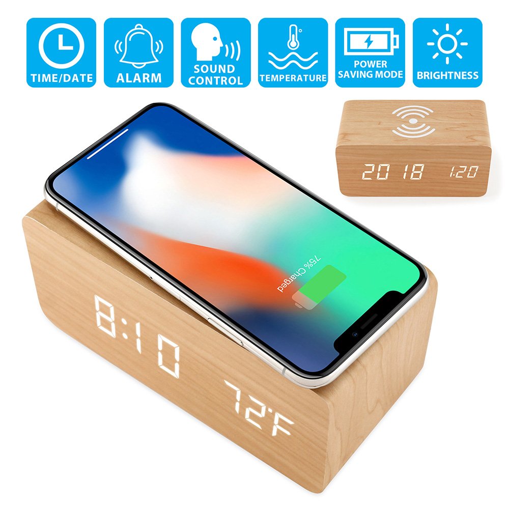 OCT17 Alarm Clock with Qi Wireless Charging Pad Compatible with iPhone Samsung Wood LED Digital Clock Sound Control Function, Time Date, Temperature Display for Bedroom Office Home - Wood