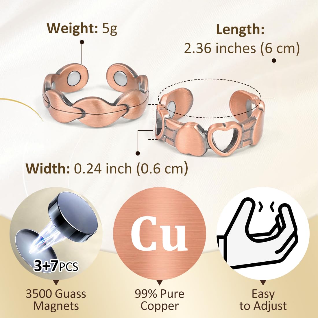 Vicmag 2PCS Magnetic Copper Rings for Women & Men,99.99% Pure Copper Ring with 9X Magnets Gift Adjustable(Leaf & Love)