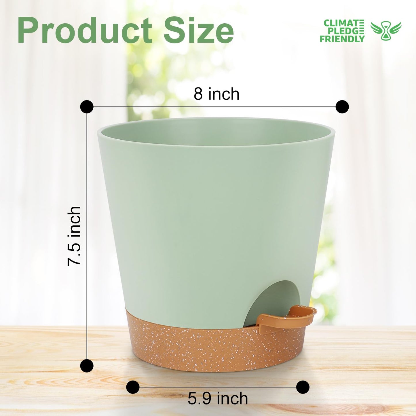 YNNICO 8-Inch Plant Pots, Self-Watering Planters with Drainage Holes & Saucers for Indoor and Outdoor Plants (2-Pack, Green)