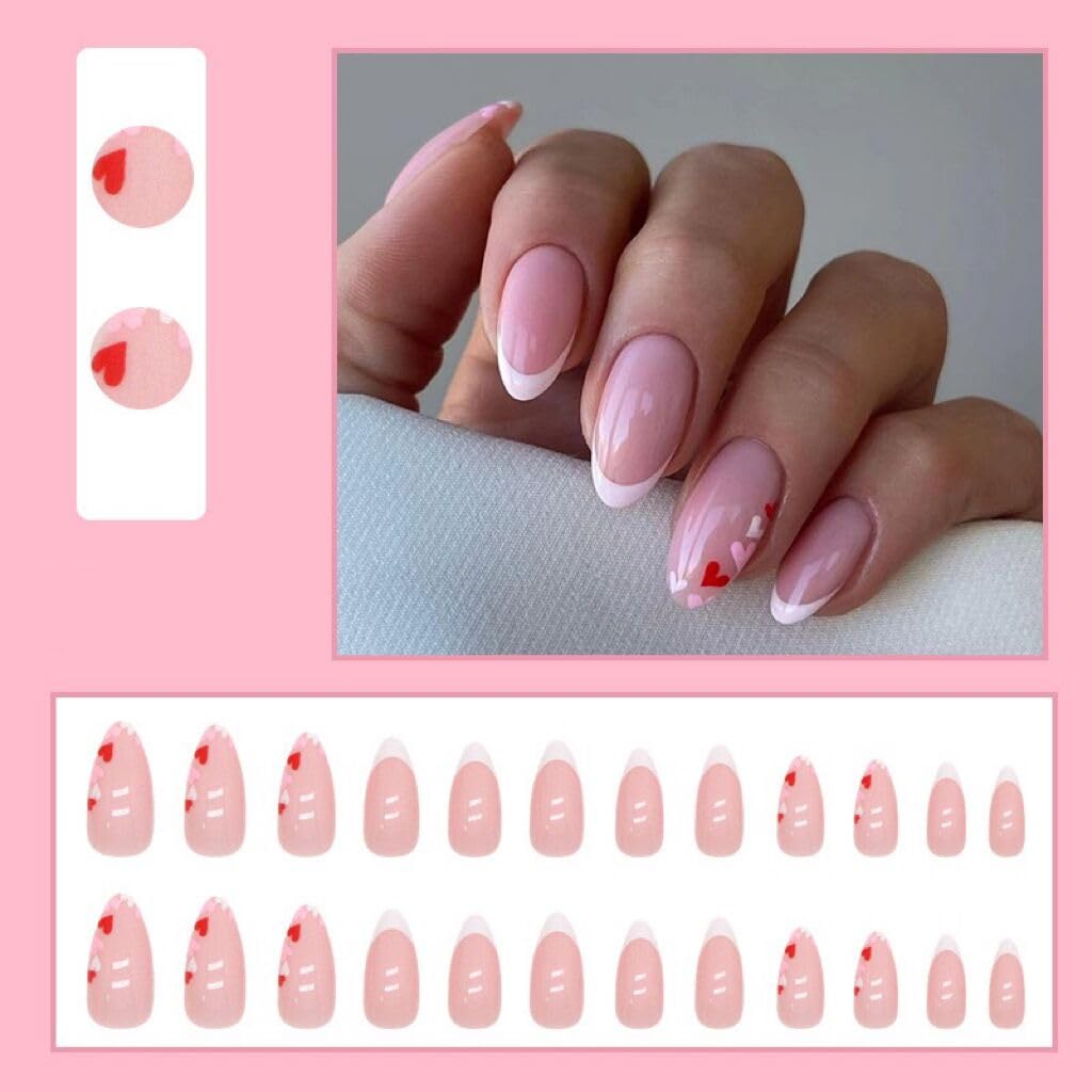 CTTHNBD Press on Nails Almond - Medium Fake Nails with Pink Red Hearts Design - White French Tip False Nails for Women - 24 Pcs