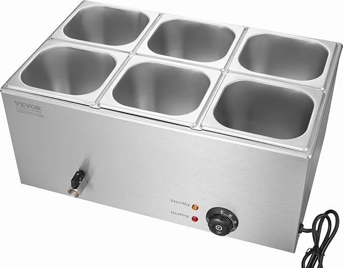 VEVOR 6-Pan Commercial Food Warmer, 14.3QT Electric Steam Table, 1200W Professional Countertop Stainless Steel Buffet Bain Marie with 86-185°F Temp Control for Catering and Restaurants, Silver