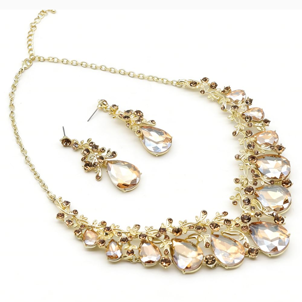 Qlavoca Vintage Crystal Teardrop Necklace Earrings Set - Gothic Statement Jewelry for Wedding Bridal Prom Party(Champagne)