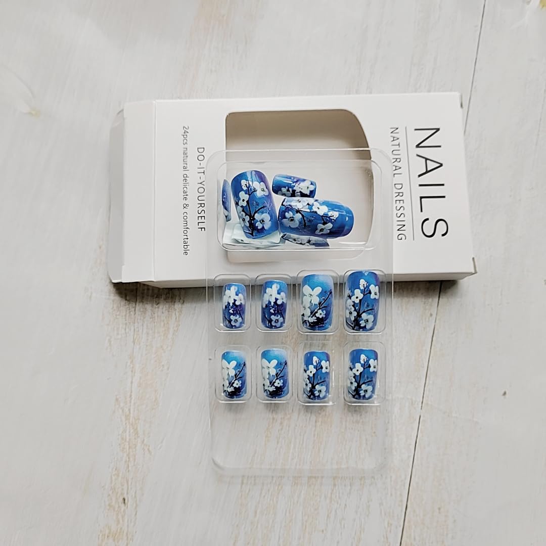 Blue Gradient Press on Nails with White Cherry Blossom Design Medium Square Reusable Floral Fake Nails Art, Full Cover Gel Manicure Tips for Women, Easy Application False Nails for Party/Everyday24PCS